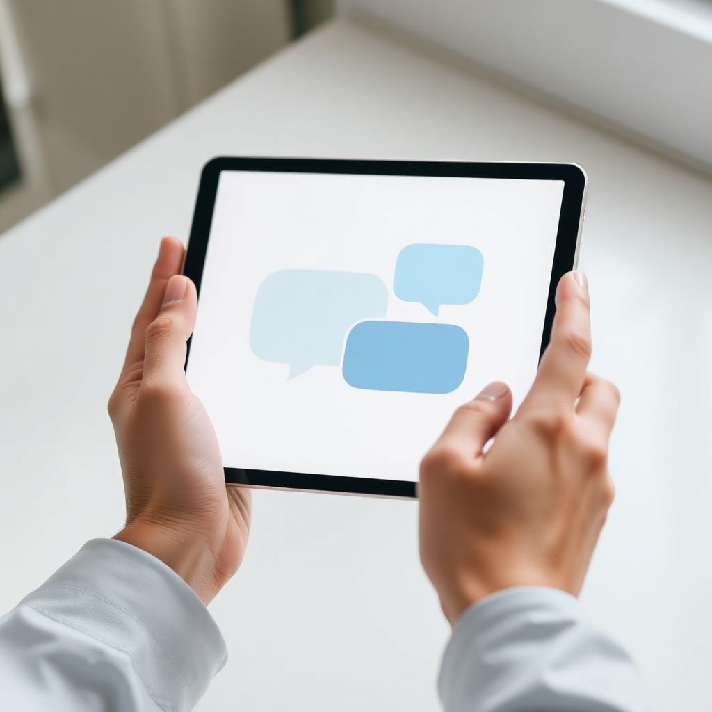 Mani che consultano un tablet con bolle di dialogo astratte